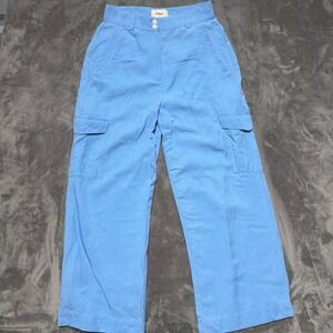 Unison Cargo Pants Womens 10 Blue Linen Blend Wide Leg Utility Trousers Casual